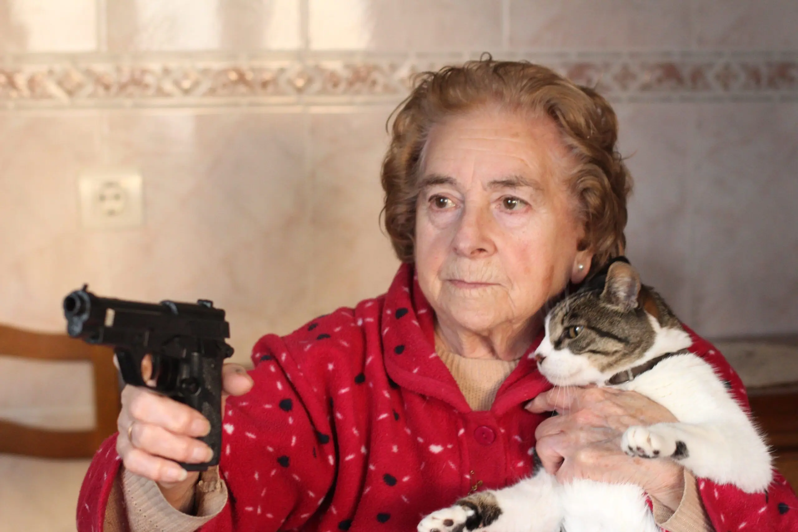 Older woman at home with cat and firearm illustrating that owning a gun is not the same as having a home defense plan
