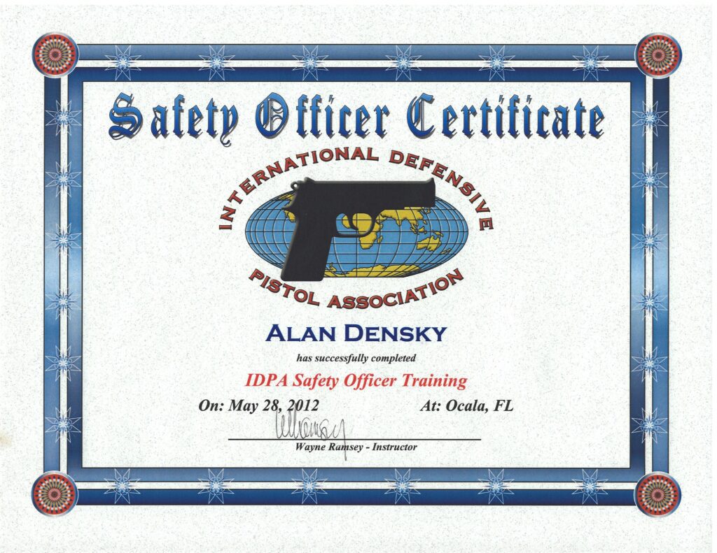 IDPA Safety Officer Certification for concealed carry instructor in Florida Alan B. Densky
