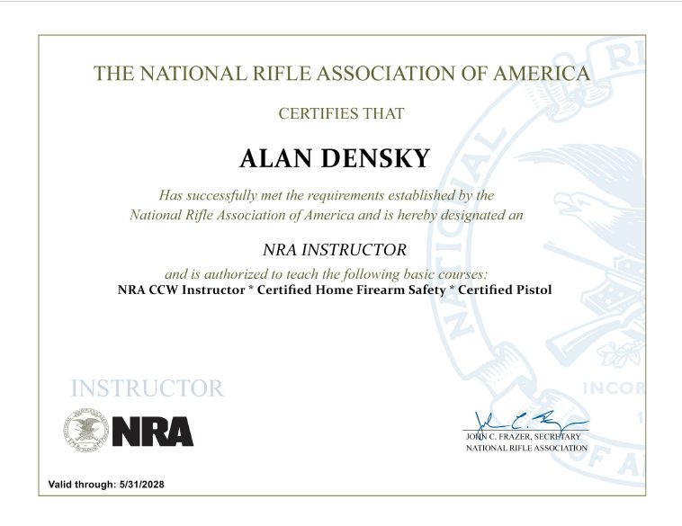 NRA Certifications of Florida concealed carry instructor Alan B. Densky