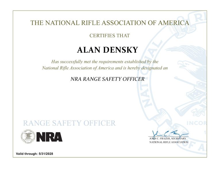 NRA Range Safety Officer Certificate for Florida CCW instructor Alan B. Densky