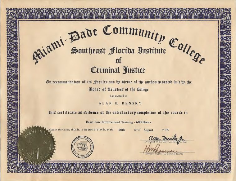 Florida Police Academy Diploma of Alan B. Densky
