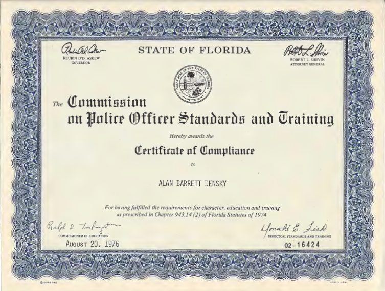CJSTC Certification for Florida Deputy Sheriff Alan B. Densky
