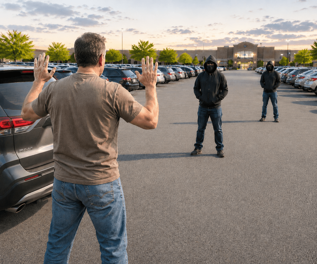 hands up universal surrender when outsmarting an armed robber