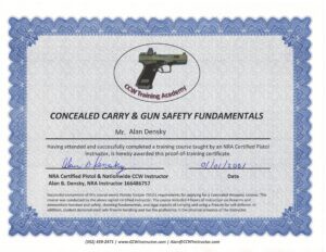 Florida concealed carry training certificate issued by CCW Training Academy